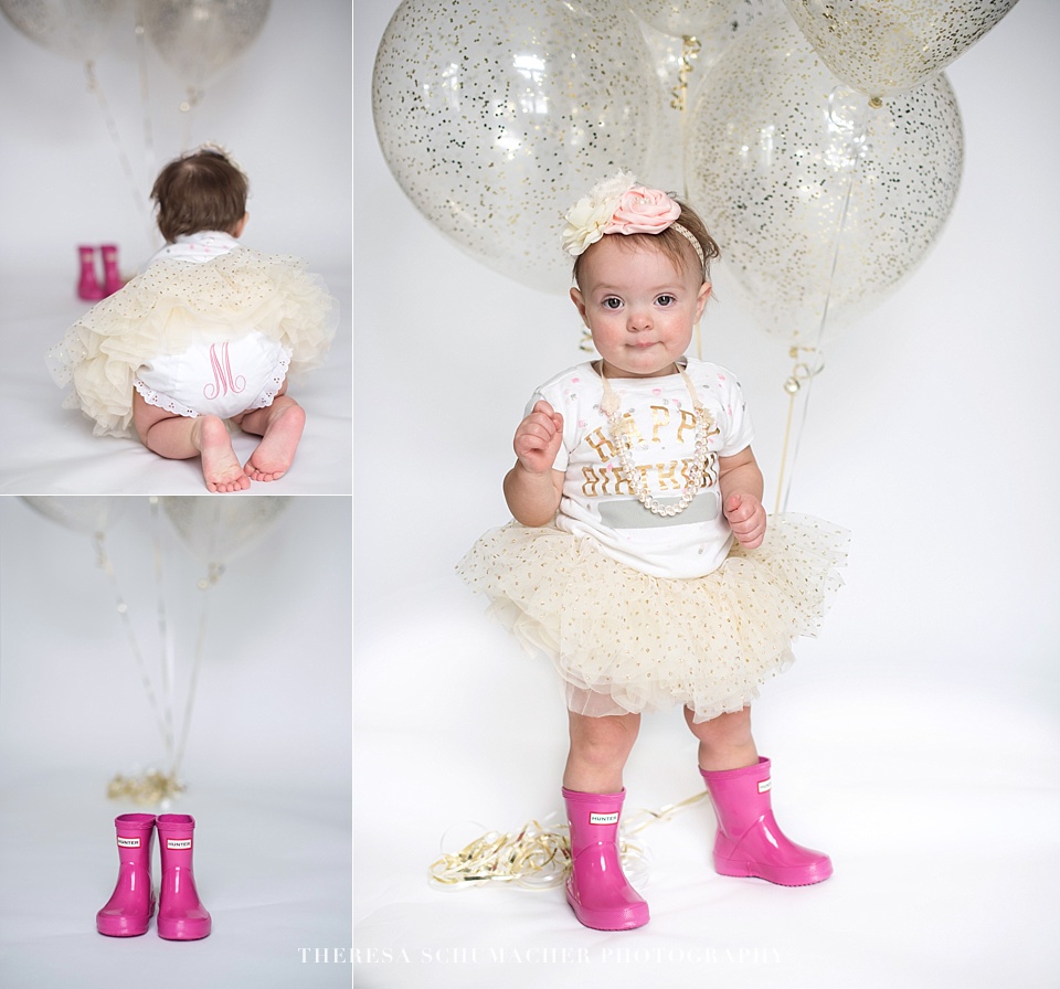 first birthday one year old Gold Pink Polka Dots Pink Hunter Boots