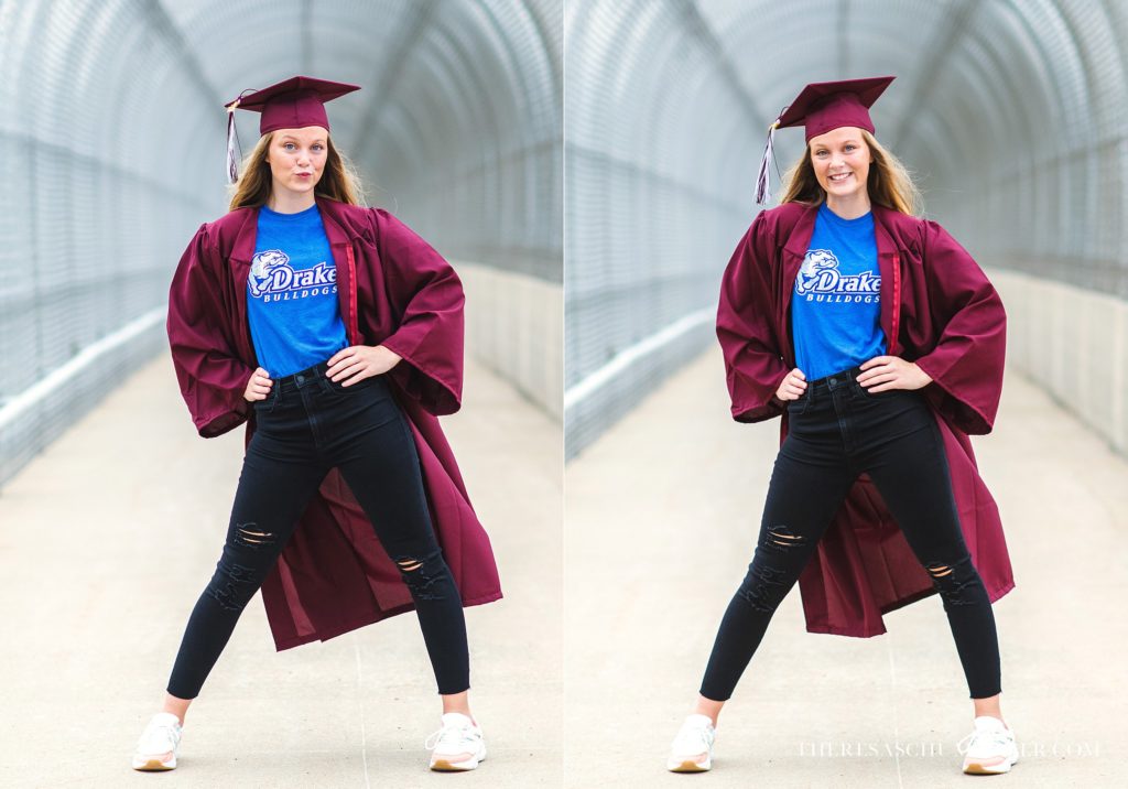 High School Senior Girl in Cap and Gown College T-shirt at photoshoot